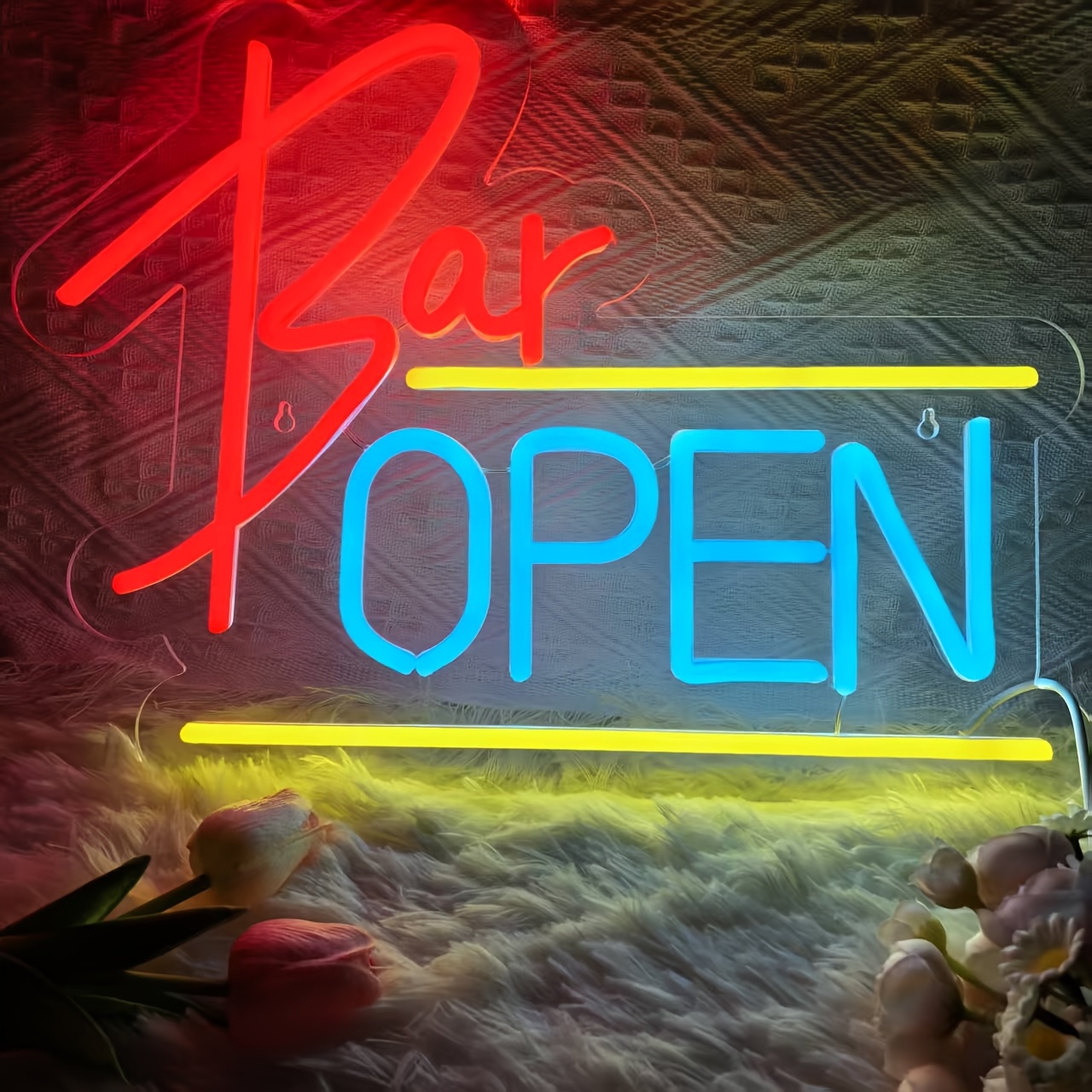 Open Door Neon Sign. Dimmable LED, bright and highly visible "We're Open" neon sign. Equipped with an on/off switch. Suitable for comme