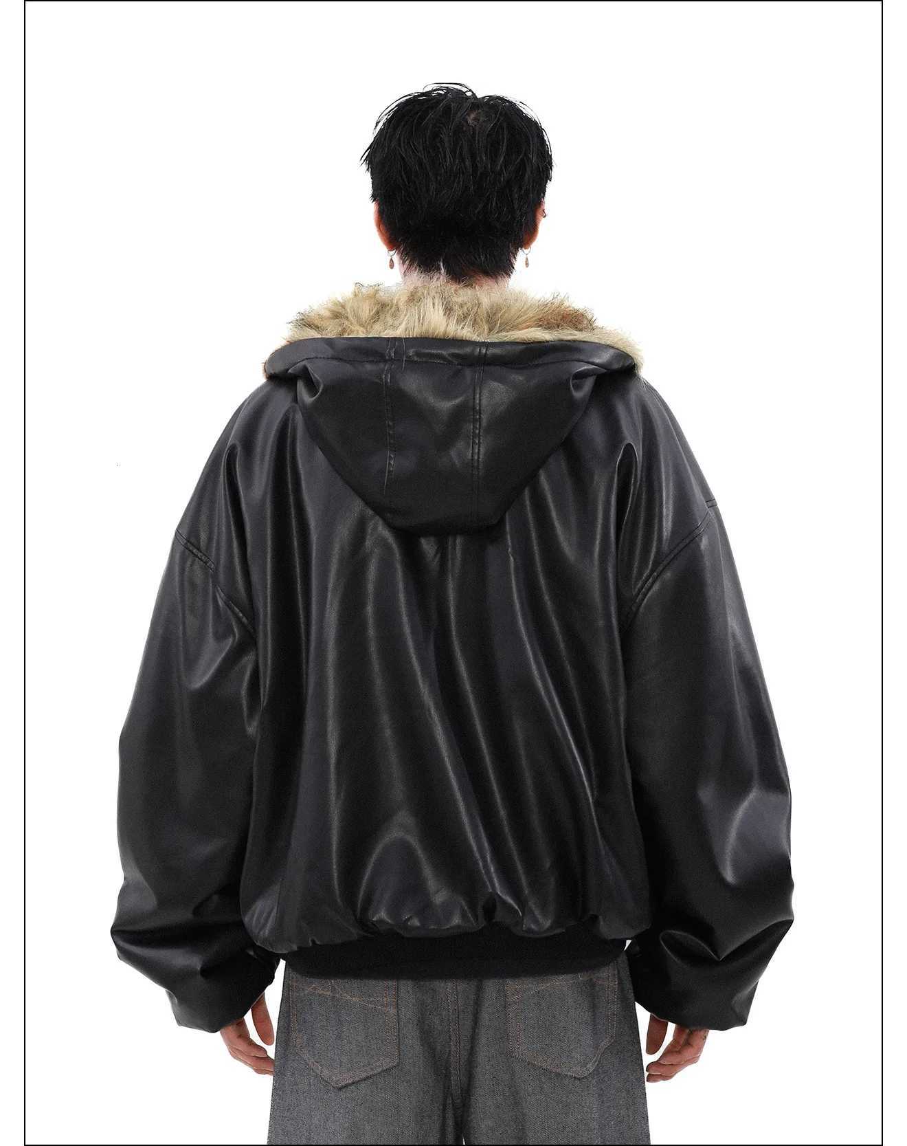 Fashion American Style Mens Padded Jackets PU Leather Reversible Faux Fur Fleece Thickened Solid Color Loose Male Coats Tide Y251125