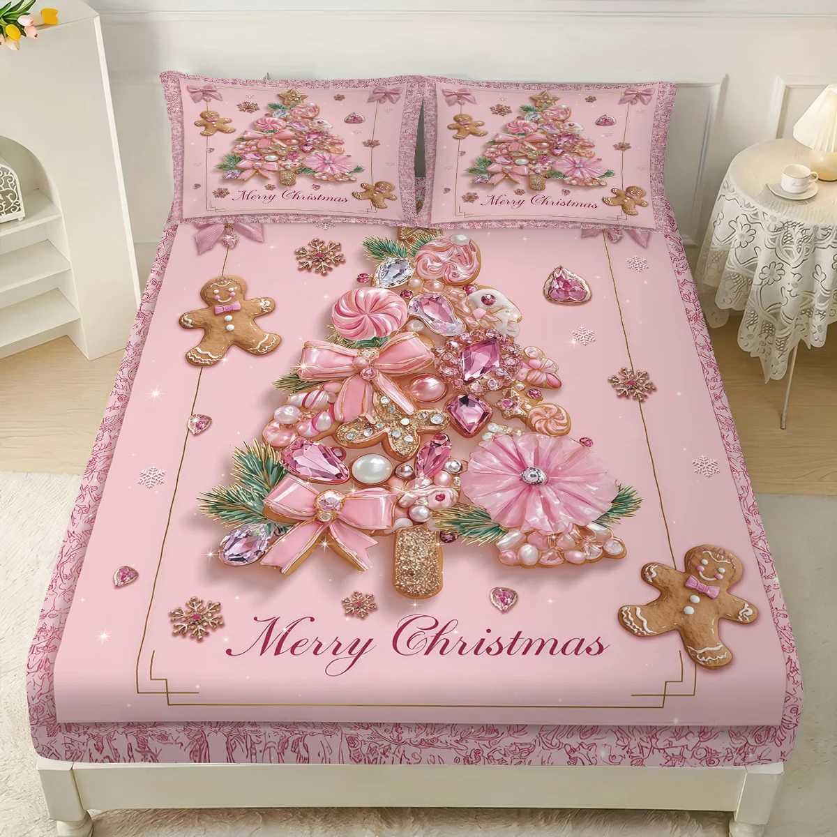 Christmas 3pcs pink Christmas Tree Gingerbread man Print Coreless Bed Sheet Set Multi Size Bedcover Bedroom Bedding Holiday Decorations Y251126