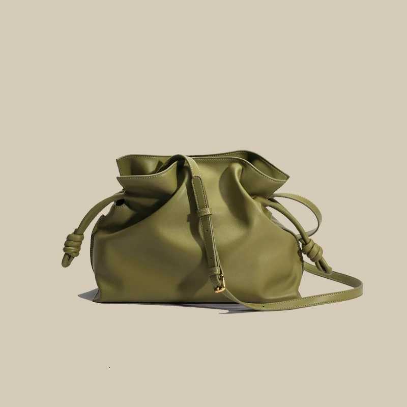New Ruched Design Solid Color String Close Gift Lucky Pouch Handbag Cowhide Leather Women Shoulder Bag 2 Size Daily Purse K251126