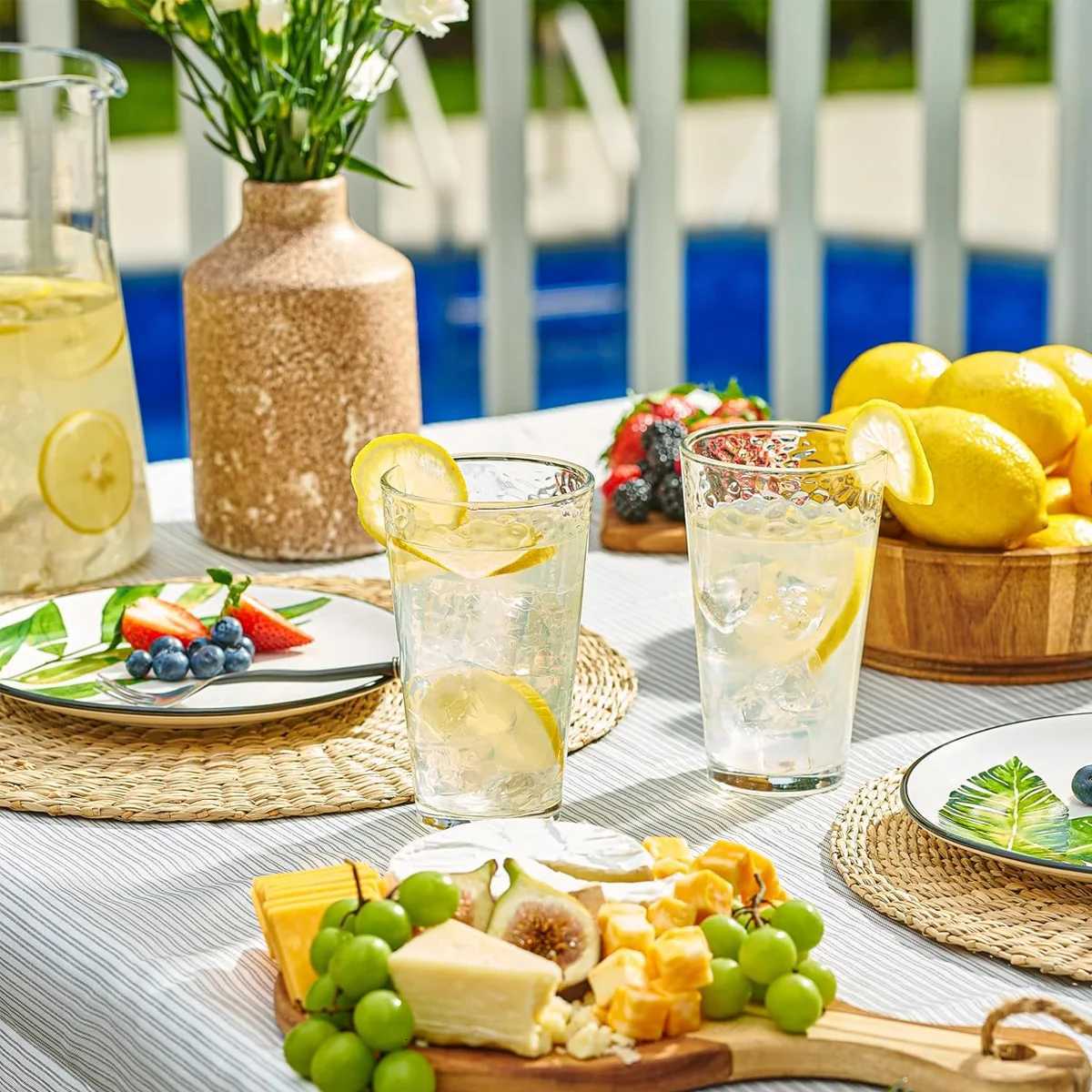 6 Pack Hammered Glass Cups Set 12oz/360ml Dishwasher Safe Cocktail Drinking Glasses Clear Heavy Base Stemmed Water Glasses C251126