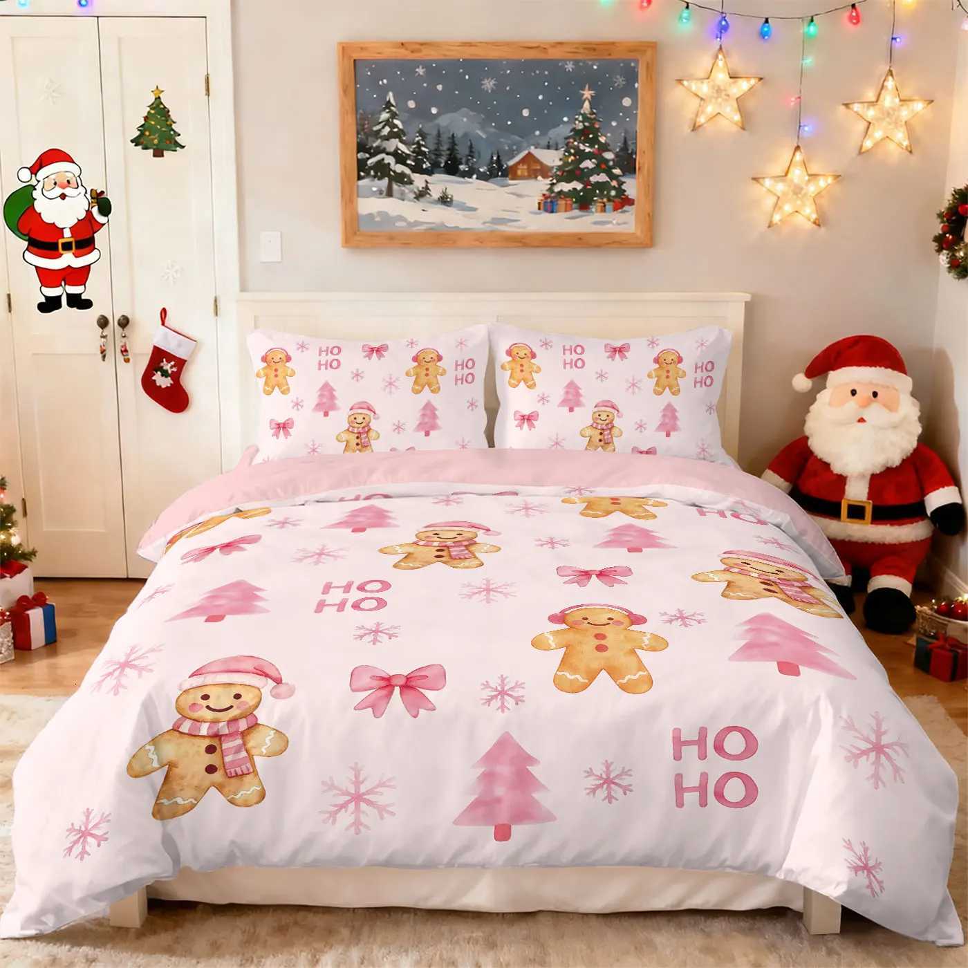 Christmas 3pcs pink Merry Christmas gingerbread printed coreless bedding set multi size bedroom bedding holiday decoration comfortable Y251126