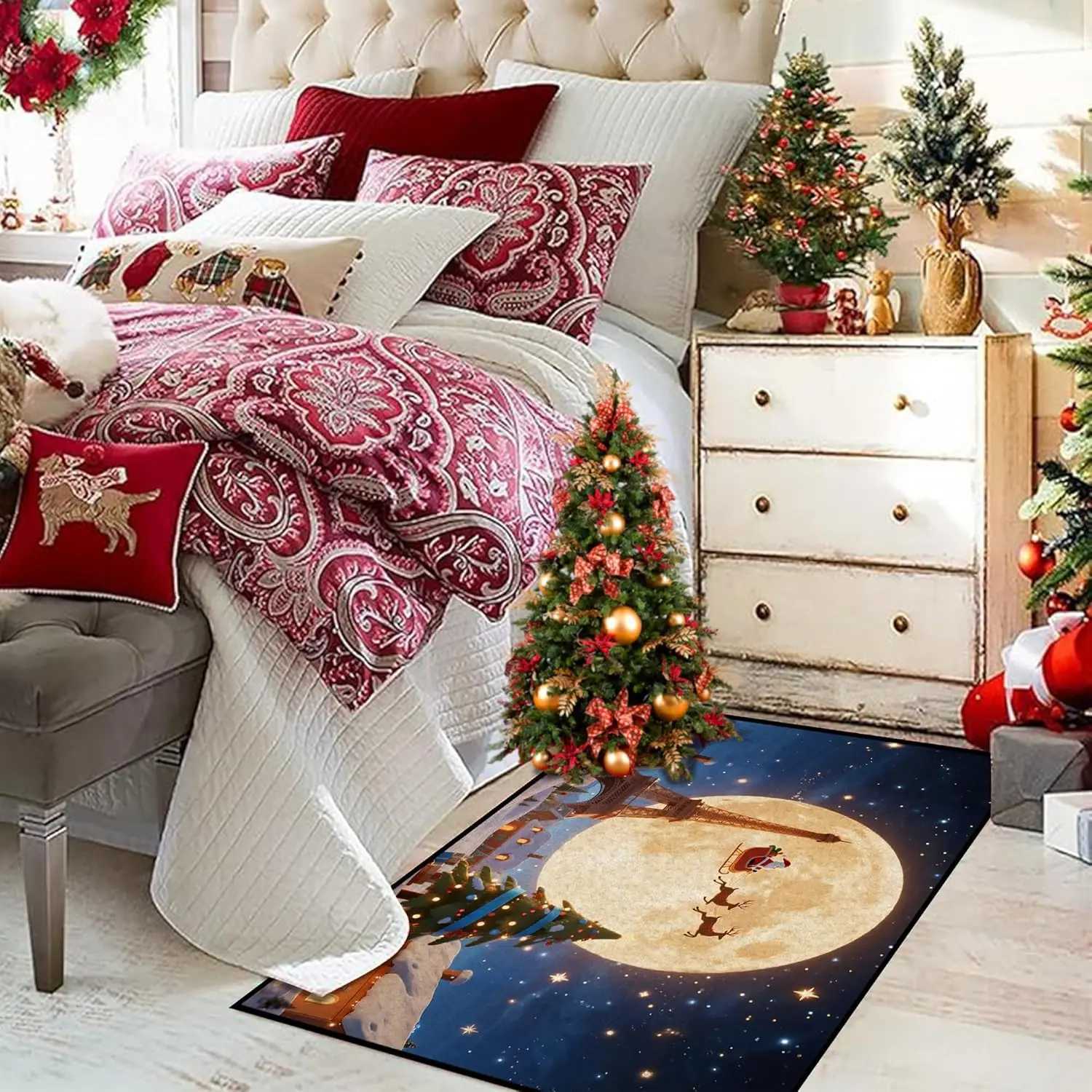 Christmas Rugs for Bedroom Santa Claus Holiday Decor Area Rugs with Eiffel Tower Xmas Kitchen Rug Romantic Night Santa ClausM251126