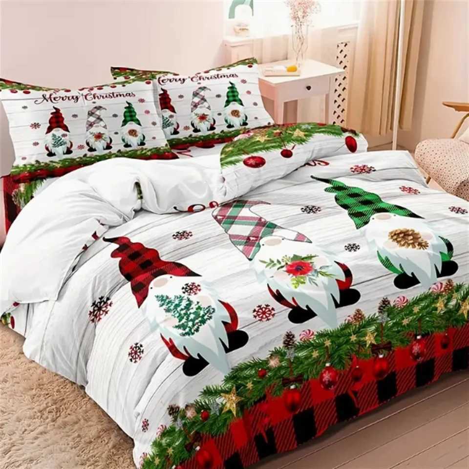 Christmas 3pcs Fashion Duvet Cover Set Plaid Christmas Gnomes Print Bedding Set Soft Comfortable Duvet Cover For Bedroom Guest Room Y251126