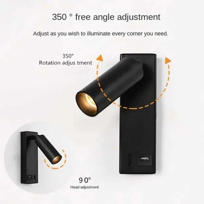 LED Wall Lamp Bedside Wall Mounted Reading Light with Switch and USB Port Rotatable Wall Lamp Living Room Bedroom Spotlight M251126