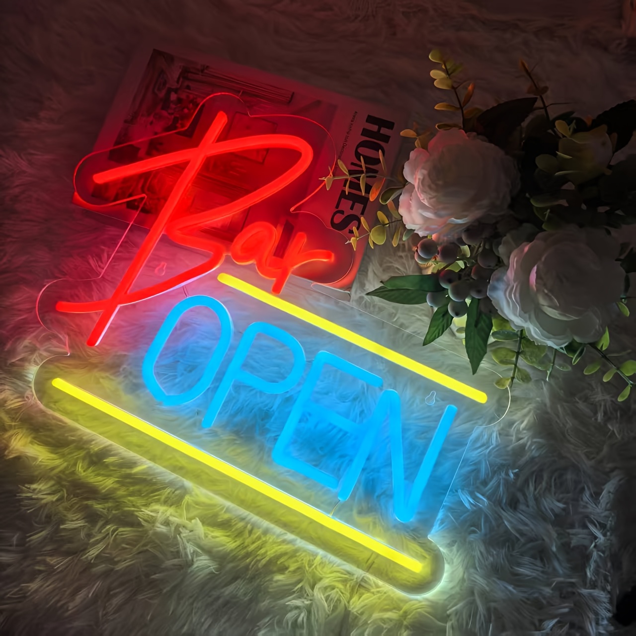 Open Door Neon Sign. Dimmable LED, bright and highly visible "We're Open" neon sign. Equipped with an on/off switch. Suitable for comme