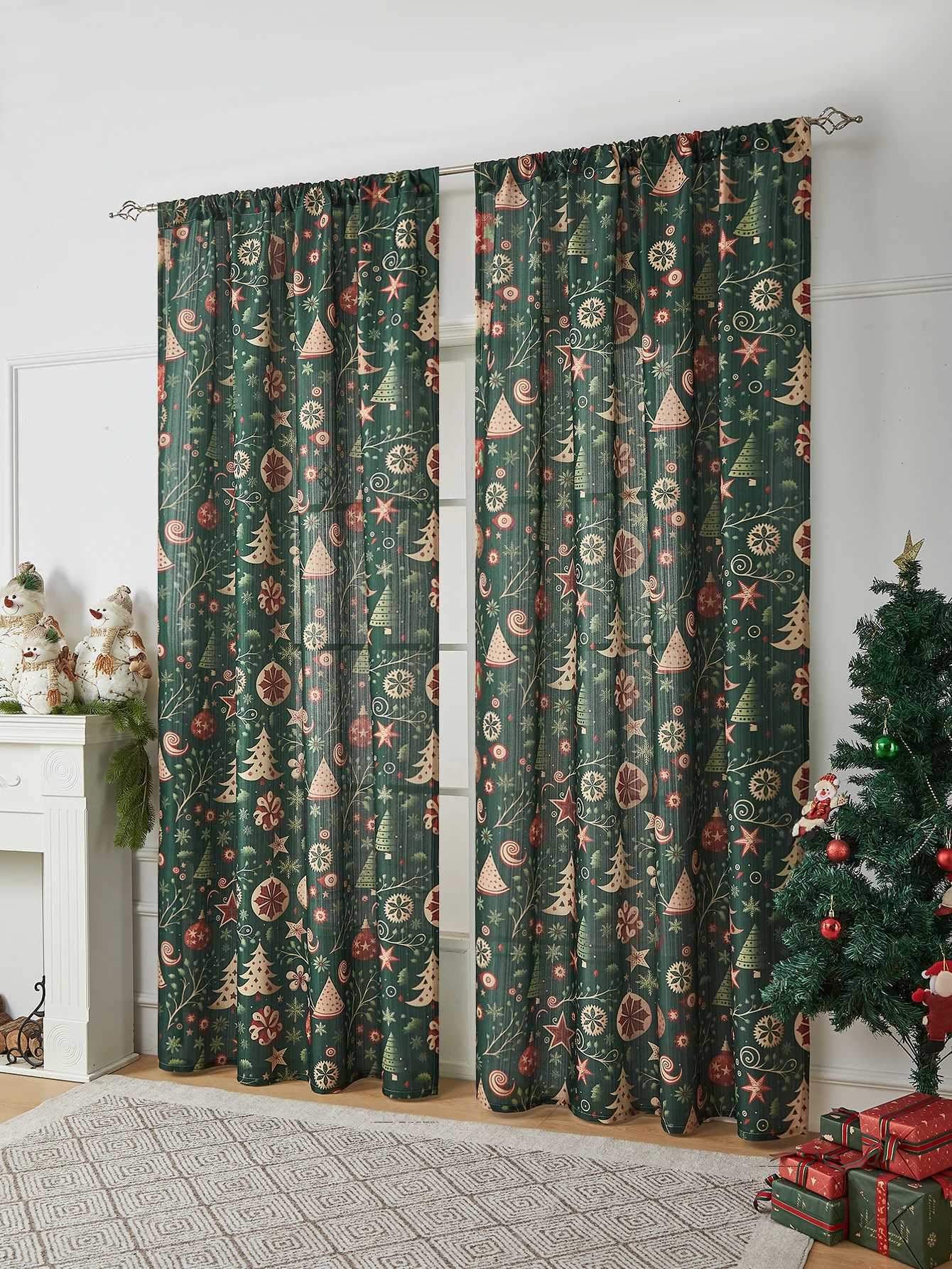 Curtain Christmas Green Christmas tree gifts curtains holiday party atmosphere curtains living room bedroom pole curtains Y251126