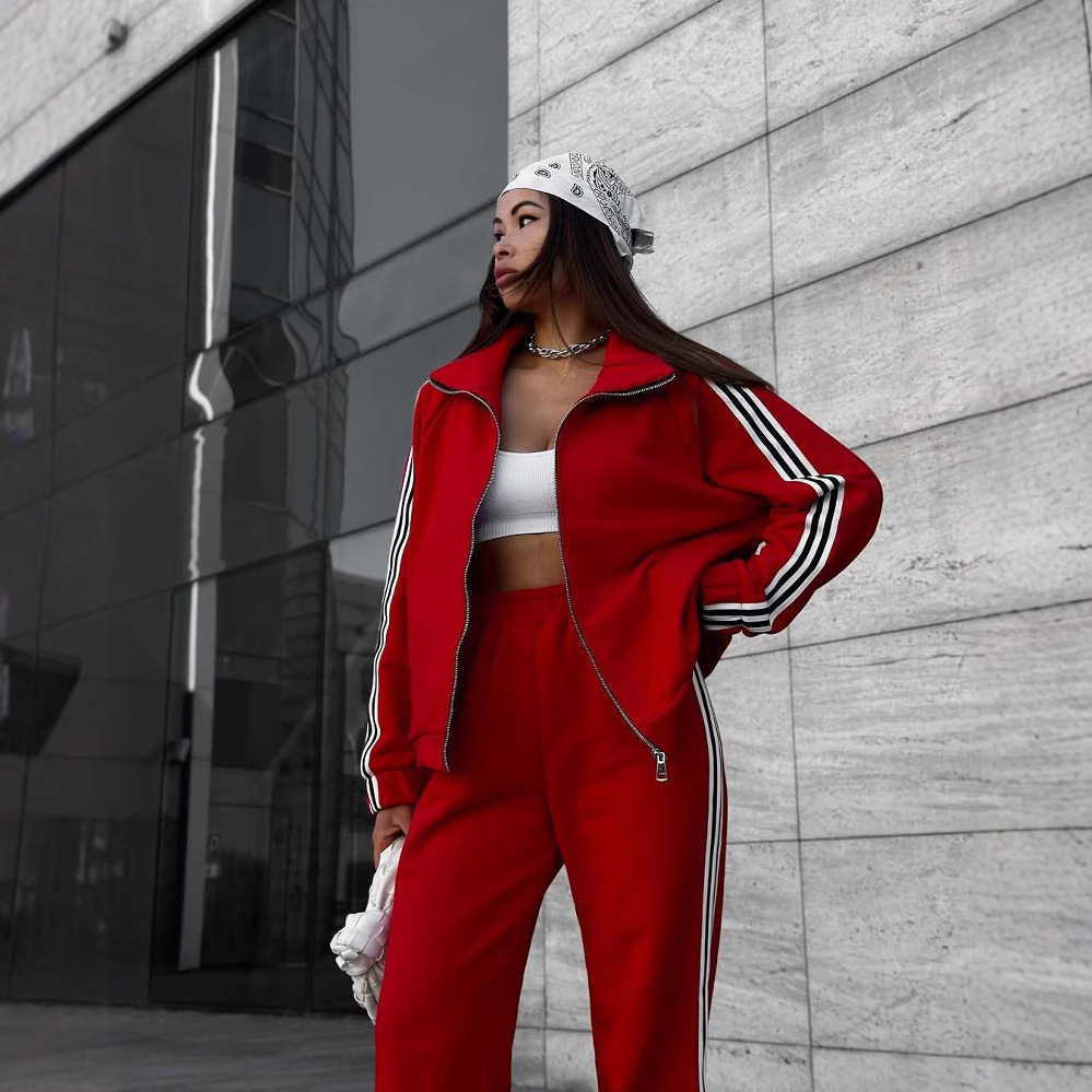 BOOFEENAA Spring 2020 Casaul Tracksuit Women 2 Piece Set Top And Pants Satin Striped Patchwork Zipper Sexy Sweatshirt Sweat Suit CX200707