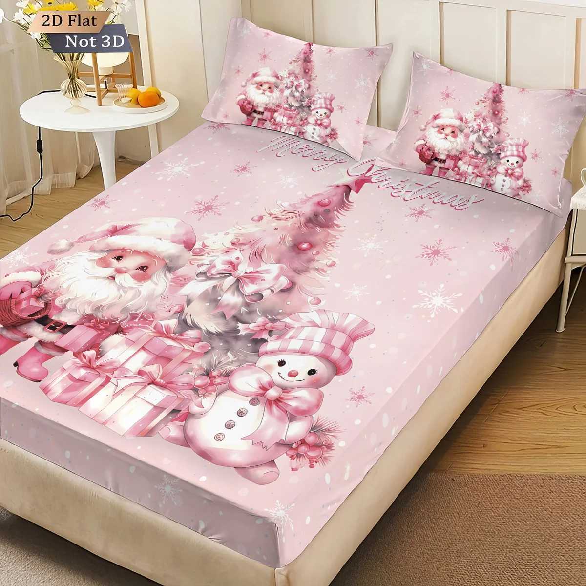 Christmas 3pcs pink Christmas snowman print coreless bed sheet set multiple sizes bed covers bedroom bedding decorations machine washable Y251126