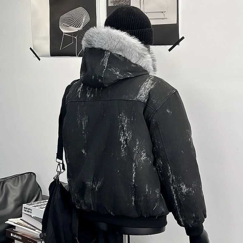 Y2K Cotton jacket with fur collar eagle embroidered and tie-dyeed winter mens design outdoor jacket thick and comfortable M251126