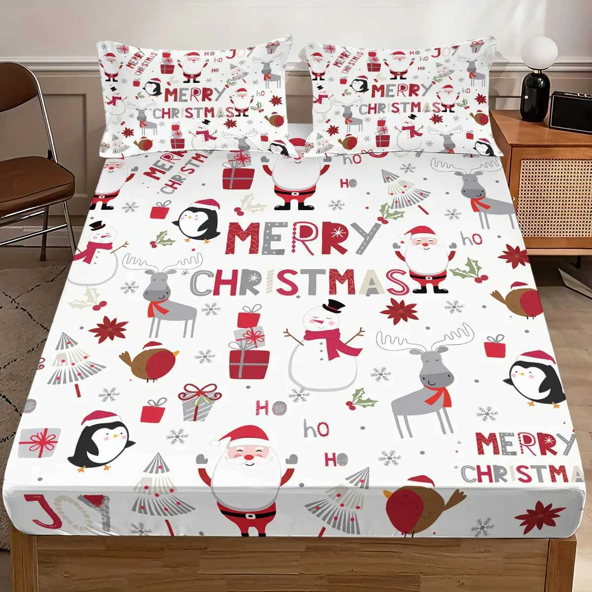 Christmas 3pcs Merry Christmas Cartoon Santa Claus Print Coreless Bed Sheet Set Multi Size Bed Cover Bedroom Dormitory Bedding Decoration Y251126