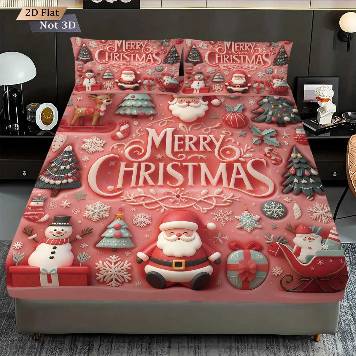 Christmas 3pcs imitation relief pink Santa Claus print coreless bed sheet set multiple size bed cover bedroom bedding decoration Y251126