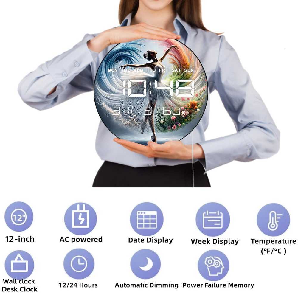 Ballerina Girl Dancer LED Auto Dimming Digital Clock Wall Desk Use Electric Clock with Timer Calendar Date Temperature Humidity C251126