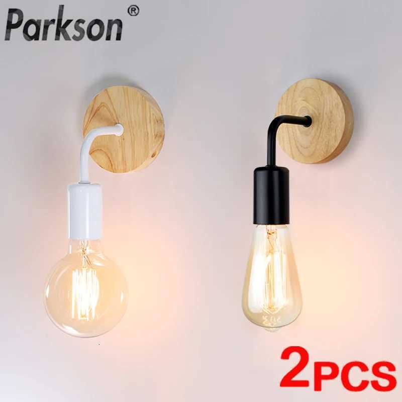 2Pcs/lot Vintage Wood Wall Lamp E27 Light Bulb Retro Industrial Wall Light Fixture For Home Loft Living Room Bedside Lamp Sconce M251126