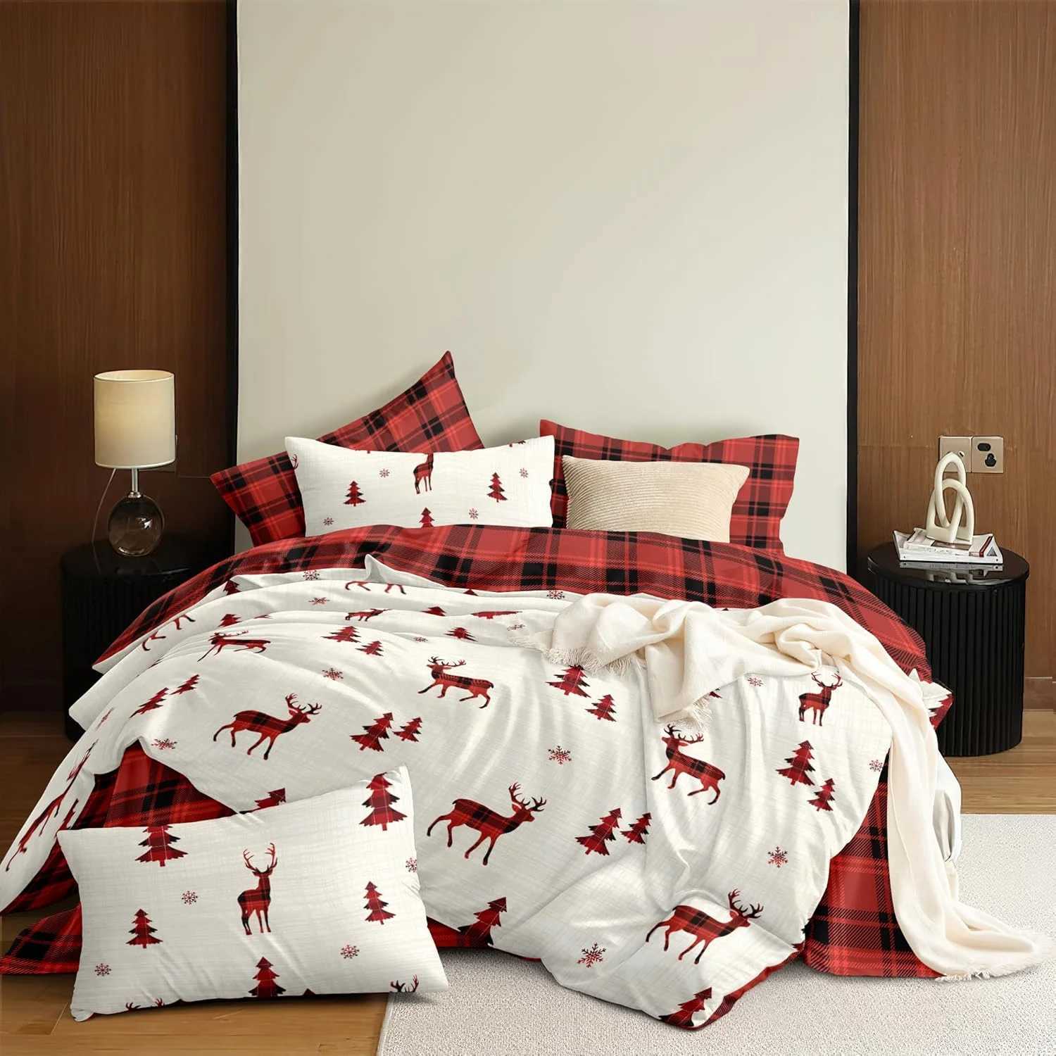 Christmas Christmas Duvet Cover Holiday Bedding Set Reversible Red Reindeer Christmas Tree Buffalo Check Plaid Duvet Cover Xmas Gifts Y251126