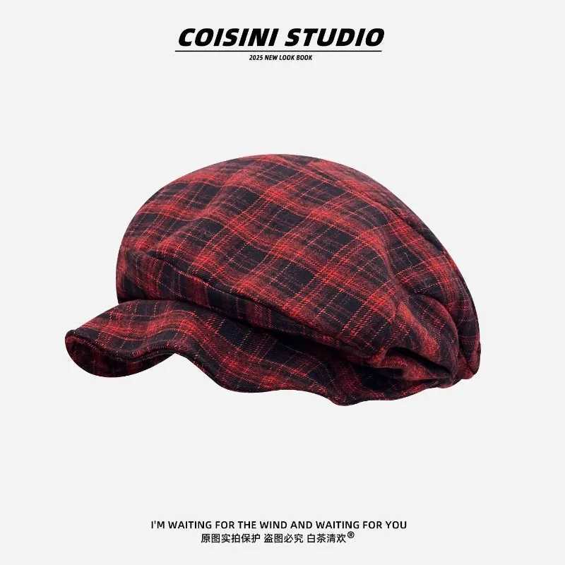 Japanese Retro Contrasting Color Plaid Berets for Women Spring and Autumn Casual Versatile Show Face Small Literary Painter Hat J251125