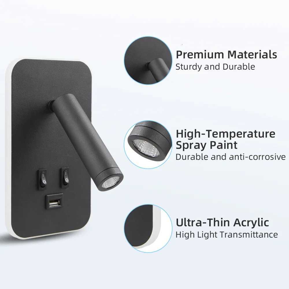 Bedside Wall Lamp LED Wall Light Wall Mounted Reading Light with Switch and USB Port Rotatable Wall Sconce Wall Spotlight M251126