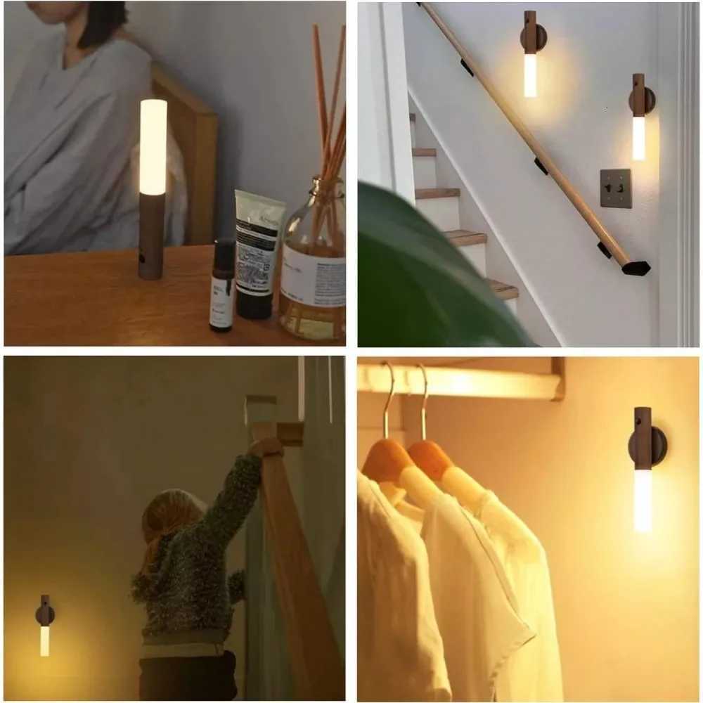 Auto LED Night Light Magnetic Wooden Multifunctional Smart Motion Sensor USB Rechargeable TYPE-C Wireless Closet Wardrobe Lamp M251126