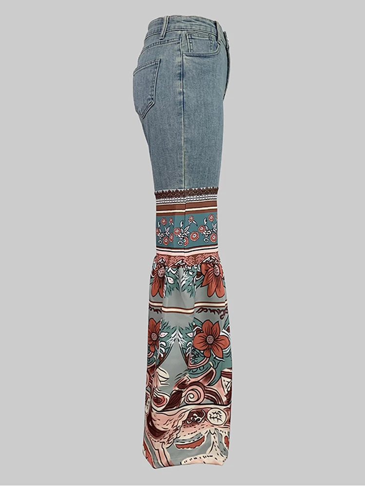 Female Vintage Floral Printed Patchwork Jeans Women High Waist Slim Fit Casual High Street Flared Pants Trousers 250425
