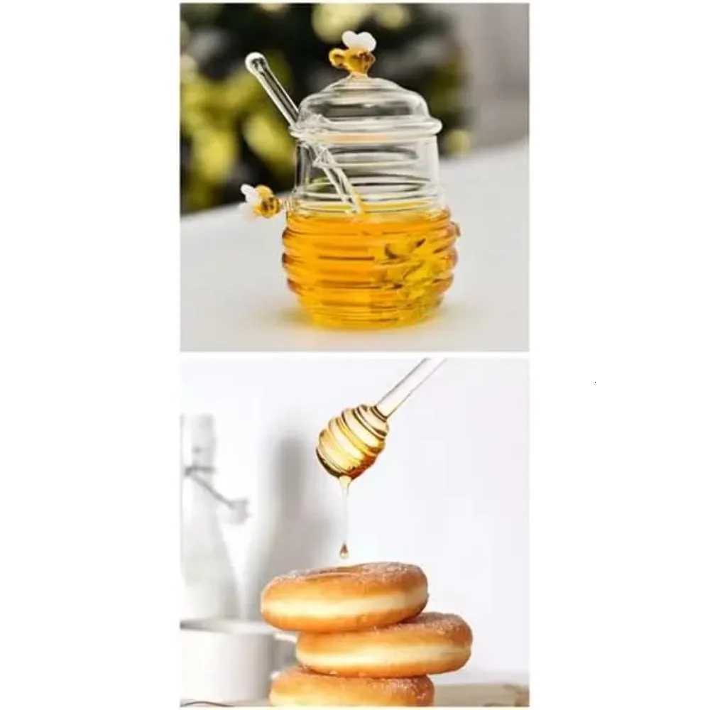 Honey Jar with DipperLid and Bee Decoration Beautiful Honey Shaped Glass Honey Pot for Home Kitchen and Decoration Y251126