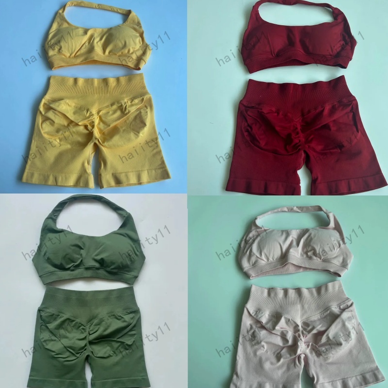 2pcs Impact Sports Set Seamless Yoga Sets Halter Bra High Waist Shorts Workout Sets Scrunch Shorts Summer Fitness Clothes Gym Suits Outfit Active Wear Hot Sell