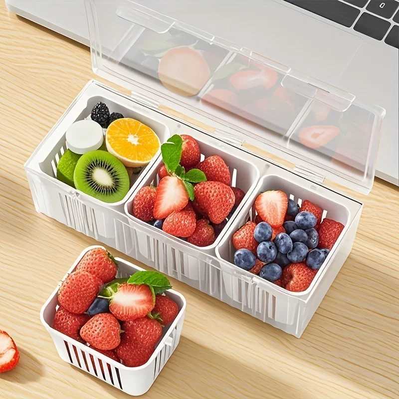 3 Compartment Food Storage Container With Lid Transparent Square Blue Drain Box For Fridge Salad Fruit Veg Condiments Reusable Y251126