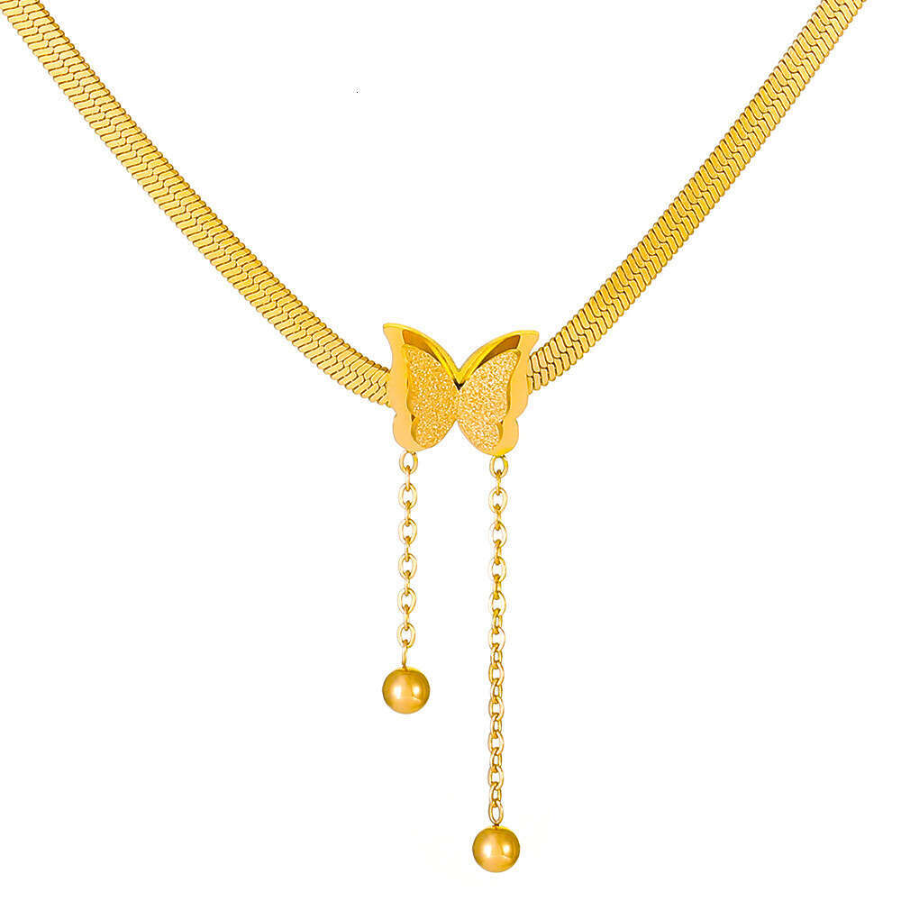 Niche stainless gold-plated frosted butterfly tassel thin chain pendant, fashionable snake bone chain, titanium steel necklace for women