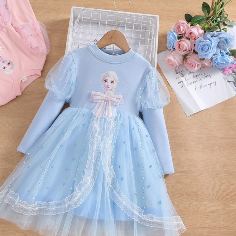 DISNEY toddler kids designer clothes girls designer clothes Frozen Elsa princess Autumn girls' dress with long sleeves and net puffy skirt.