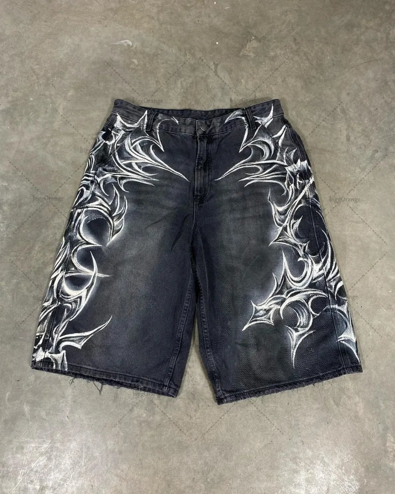Street hip-hop classic personalized printing straight loose fashion jeans mens retro Harajuku Y2K casual full matching shorts women 250423