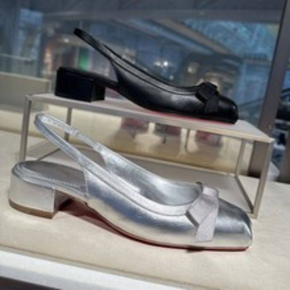 Women's Square Toe Bow Slingback Block Heel Sandals Metallic Black/Silver Evening Party Footwear---168-10