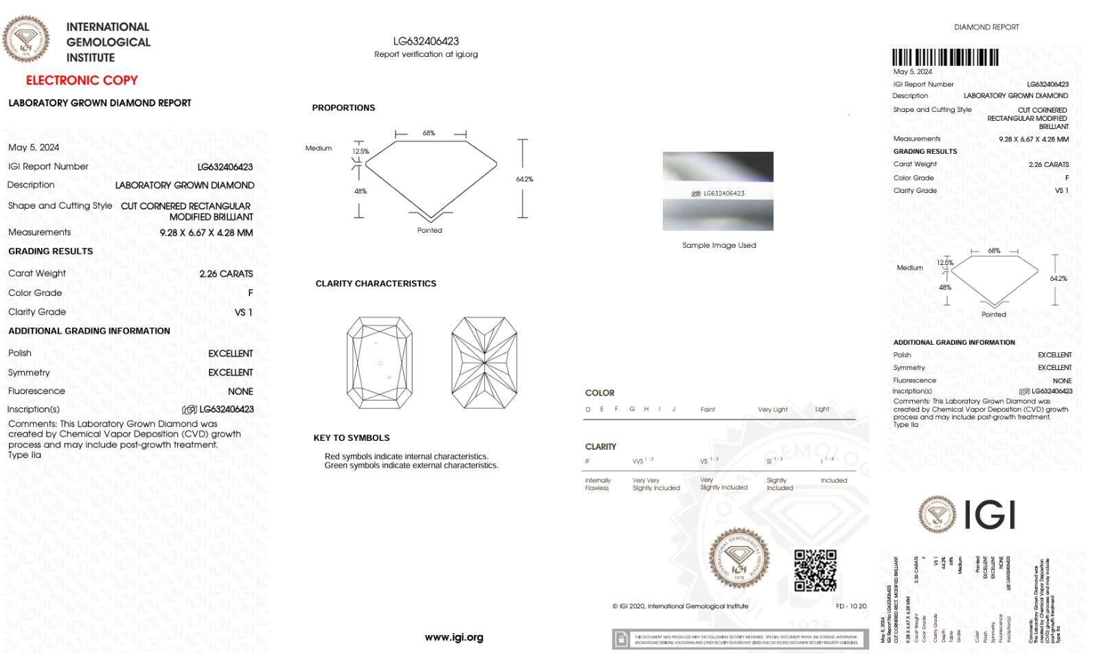 2.26ct Radiant Cut Lab-grown Diamond IGI Certified F Color VS1 Clarity Lab-Stone