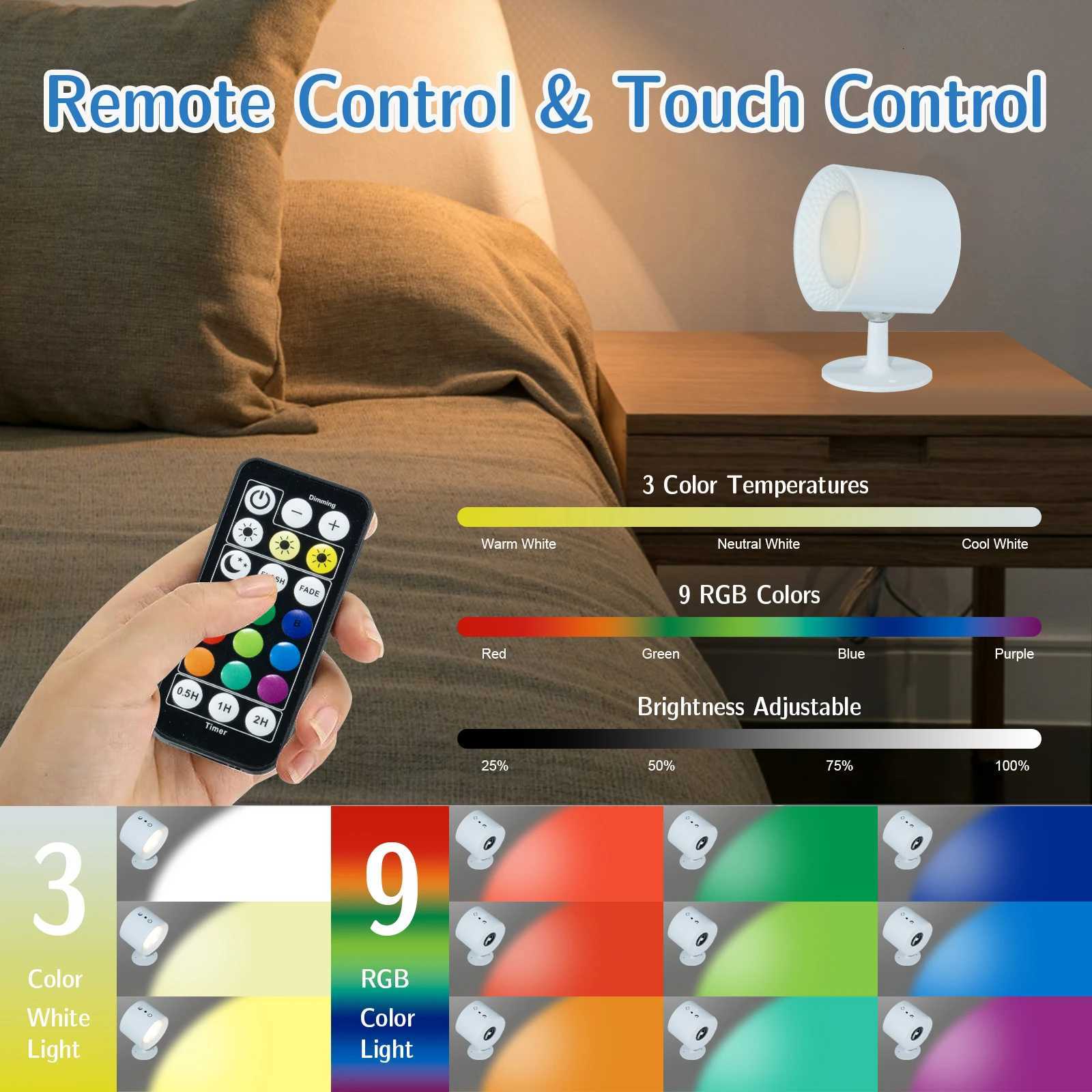 Led Wall Lamp Touch Control Remote 360 Rotatable USB Recharge Wireless Portable RGB Night Light For Bedside Bedroom Reading Lamp M251126