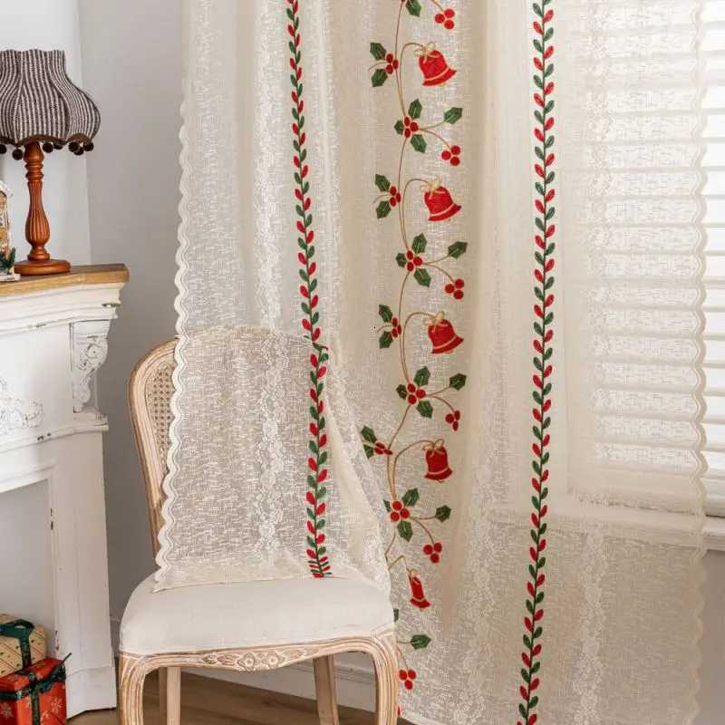Curtain Christmas 2 Panel Santa Claus Lace Gauze Curtains Christmas Bell Embroidery Curtains Translucent Lace Curtains Home Decoration Curtains Y25112
