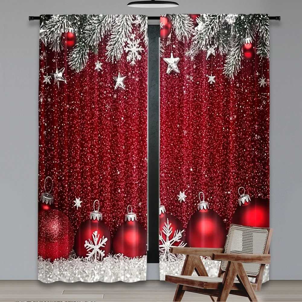Curtain Christmas 2D flat printing 2pcs Christmas curtains Christmas Red Ball Digital Printed Polyester Drapes Birthday Party Perfect for Parties Y251