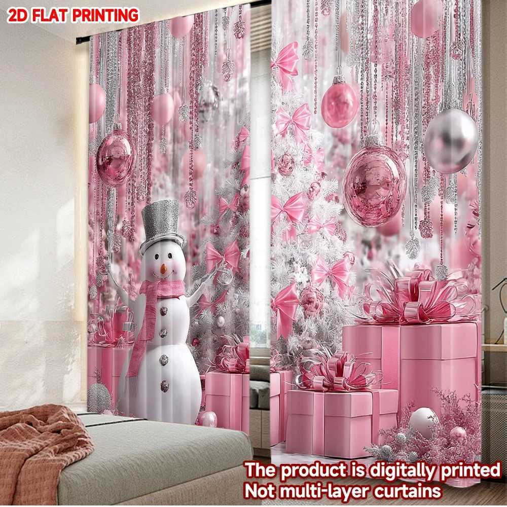 Curtain Christmas 2D flat printing 2pcs Christmas curtains Snowman tree ball pink silver Digital Printed Polyester Drapes Durable Party Holiday Y25112