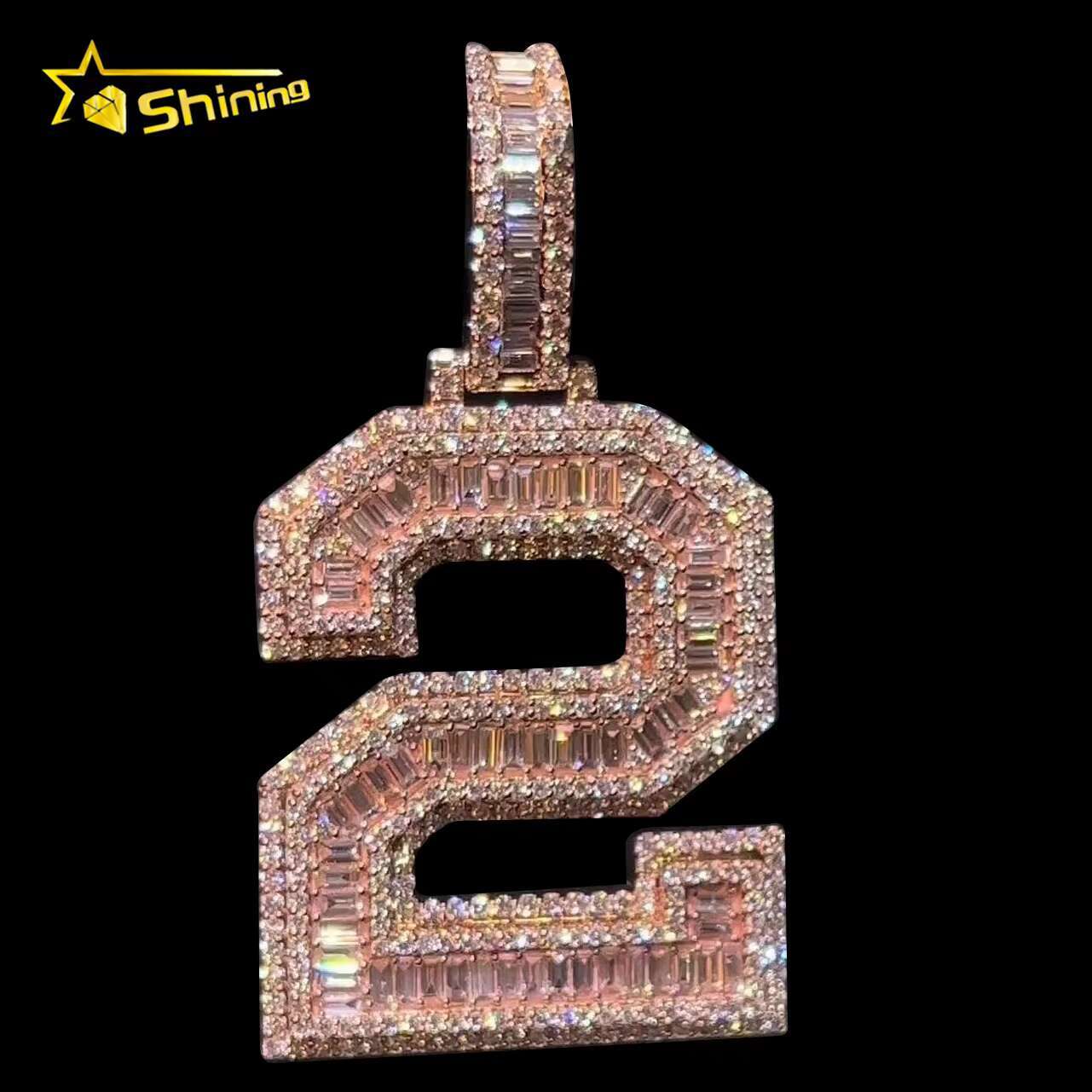 Rose Gold Baguette Letter Pendant Hip Hop Jewelry Iced Out Pendant Sterling Silver 925 Moissanite Charm Pendant Number