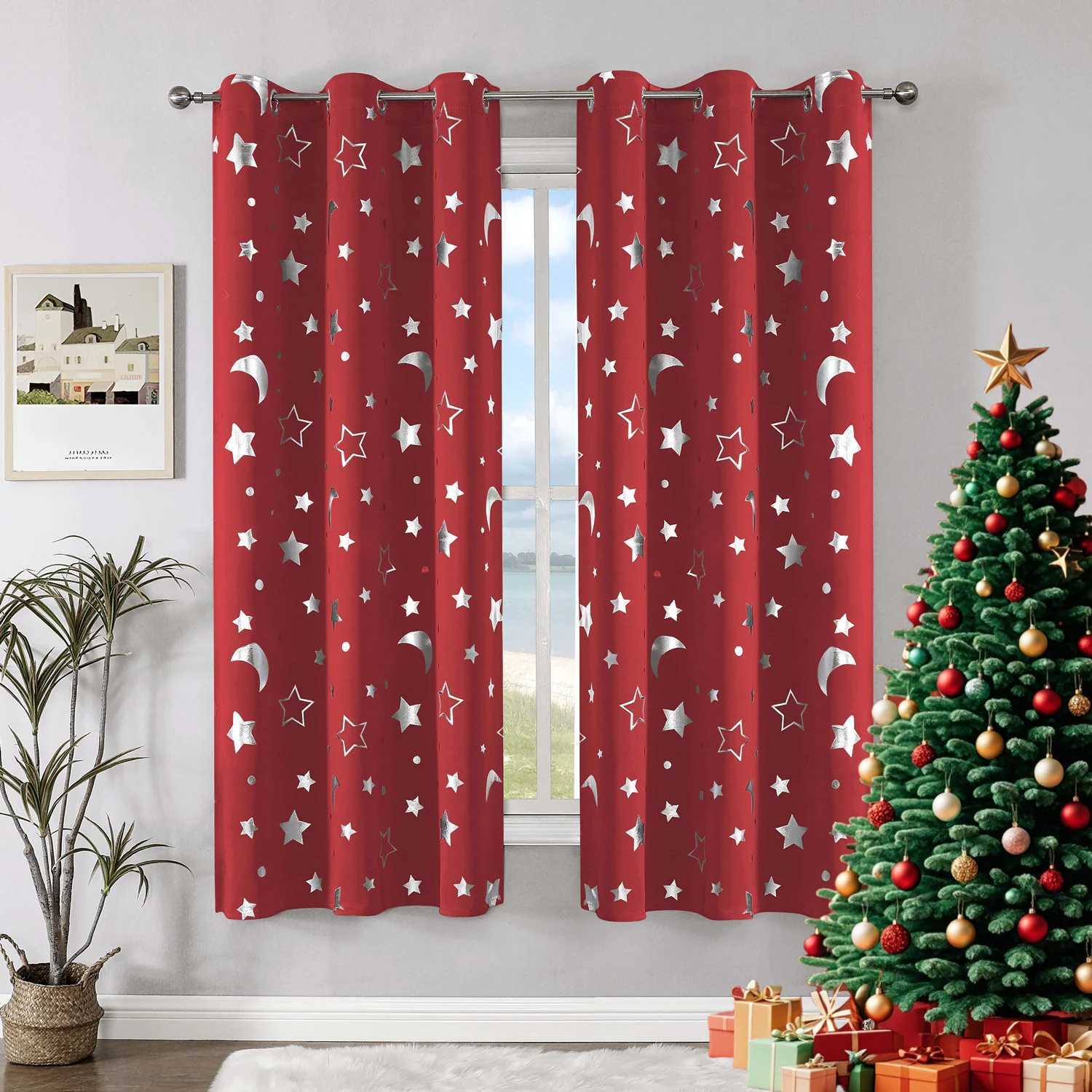 Christmas Set of 2 Blackout Silver Star Moon Curtain Pair Silver Grommet Window Panels for Bedroom Living Room Holiday Christmas Sun Y251126