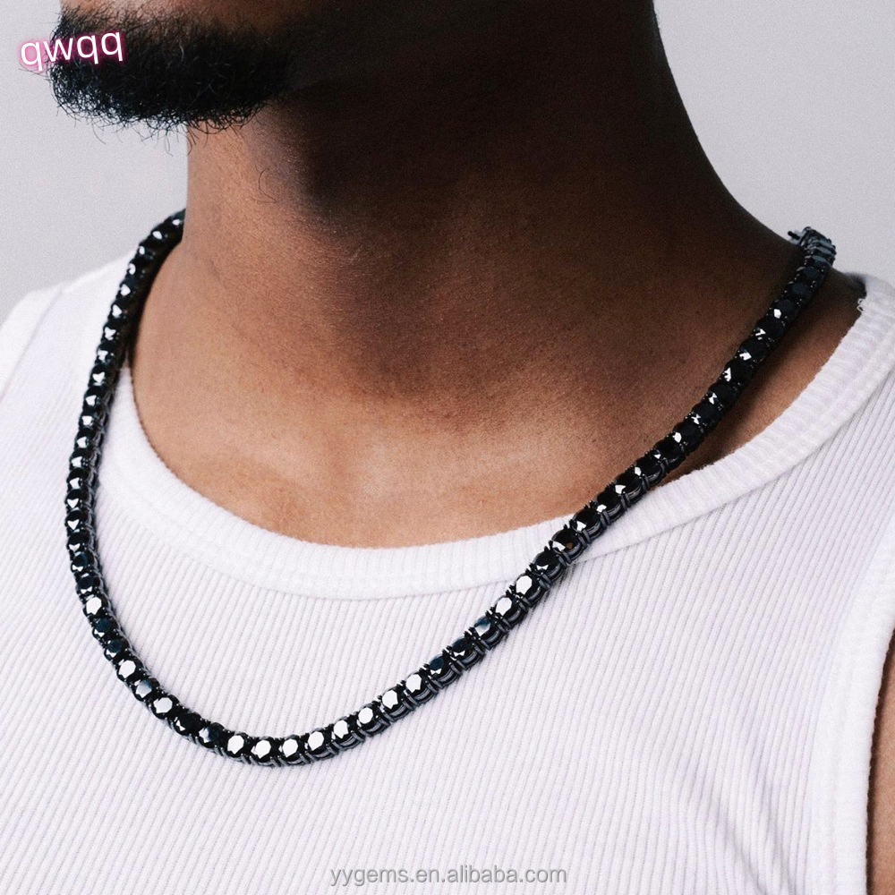 Yu Ying Black Mossanite With Black Gold Plated Tennis Chain 2---5mm Wide Tennis Silver Chains for Men Women Bracelet Necklace