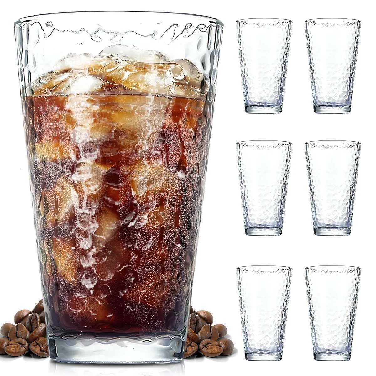 6 Pack Hammered Glass Cups Set 12oz/360ml Dishwasher Safe Cocktail Drinking Glasses Clear Heavy Base Stemmed Water Glasses C251126