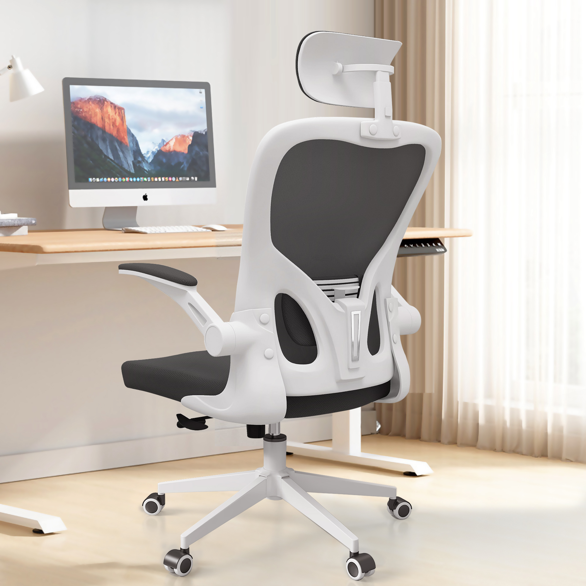 White black multifunctional study chair Stylish White/Black Adjustable Seat with Multiple Functionality - Ideal Study Companion with grab