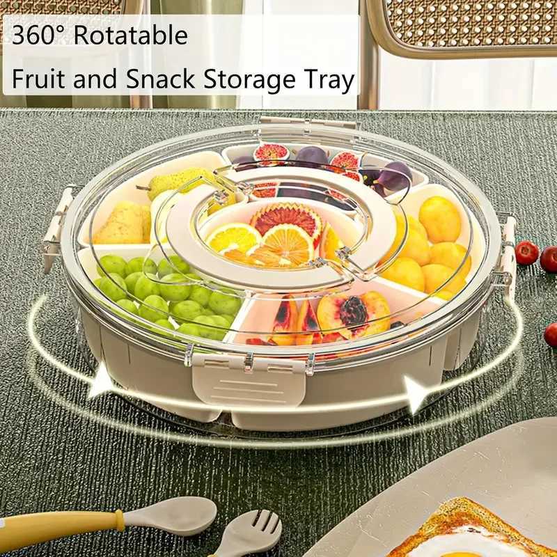 Divided Rotating Serving Tray with Lid and Handle Portable Snackle Box for Fruits Snacks Veggie Charcuterie Clear Snack Spinne Y251126