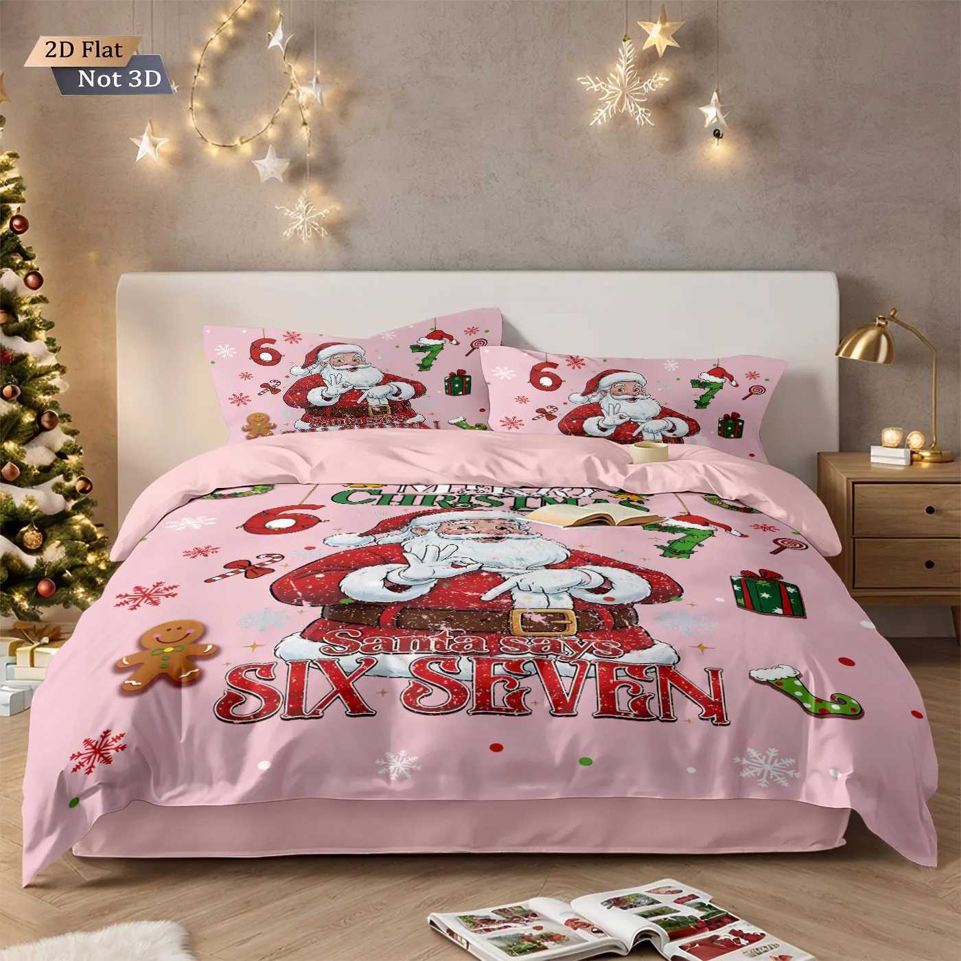 Christmas 3pcs pink Santa Claus 67 element printed coreless duvet cover set multi size bedroom bedding holiday decoration machine washable Y251126