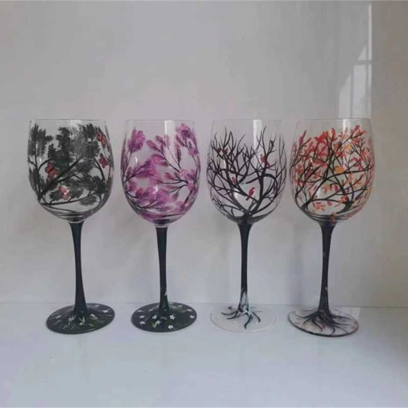 Four Seasons Tree Wine Glass Hand Painted Goblets Wine Glass Unique High Legged Glass Cup Glassware for Family Friend Drop Ship C251126