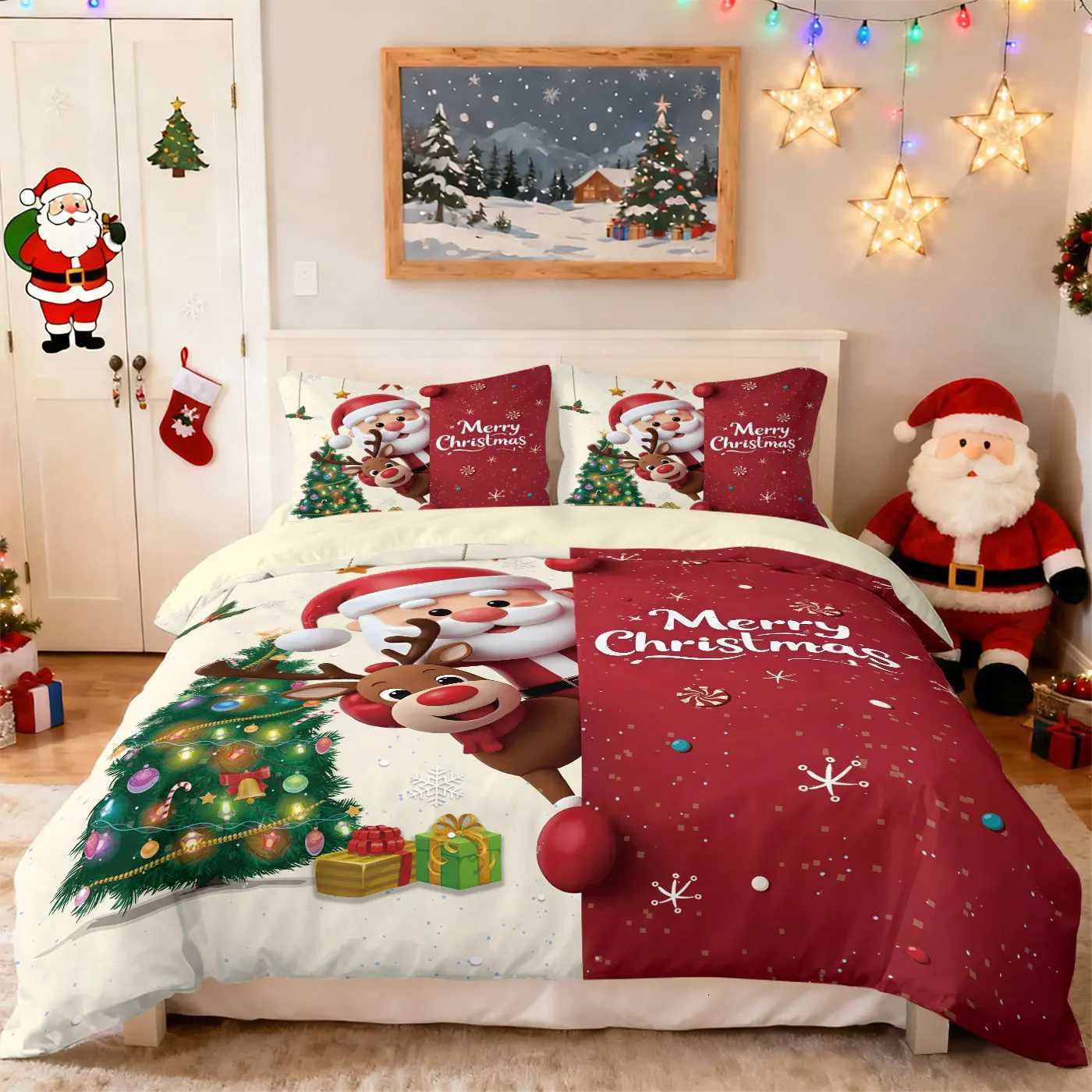 Christmas 3pc Merry Christmas Cartoon Santa Claus Printed Chipless Quilt Set Multi Size Bedrooms Dormitory Bedding Holiday Decoration Y251126