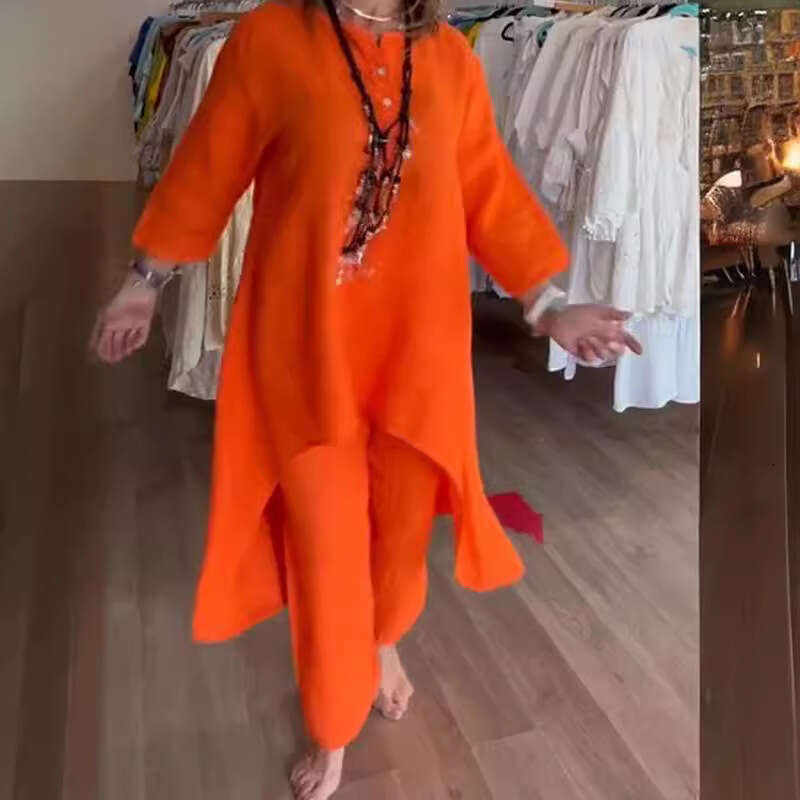 European American women's cotton and linen plus size long top wide leg pants two-piece set 2025 new casual fashion trend clothing