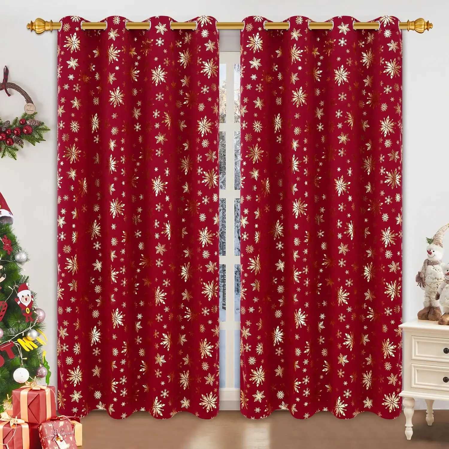 Curtain Christmas Christmas Curtains for Living Room and Bedroom Gold Tree Blackout Window Panels Red 63 Inch Length Grommet Y251126