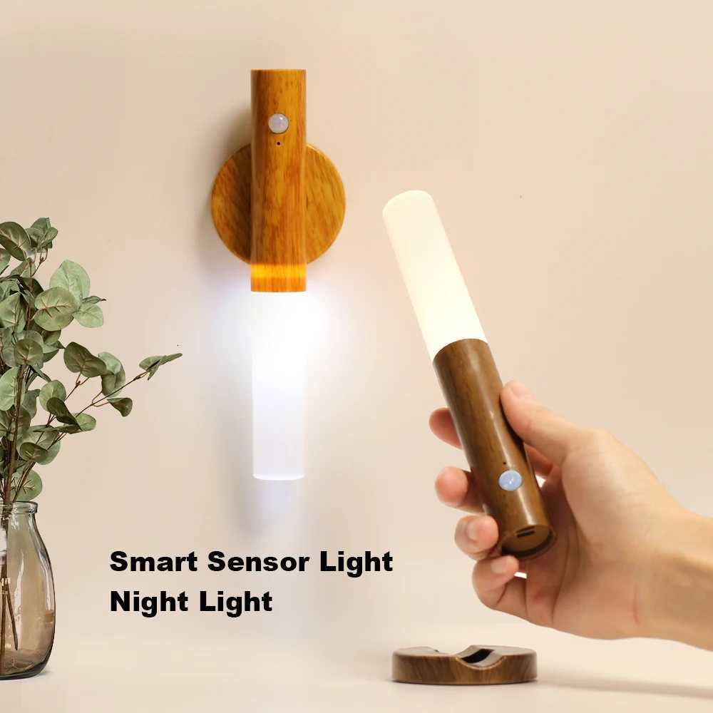 Magnetic LED Wall Light PIR Motion Sensor 360Rotation LED Rechargeable Night Light Wood Wall Lamp Kitchen Cabinet Light Lamp M251126
