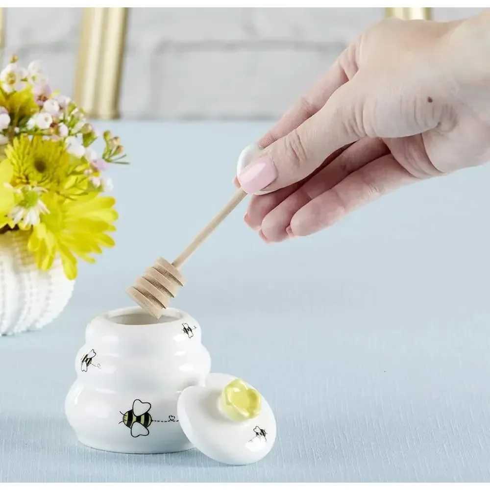 Kate Aspen Sweet as Can Bee Ceramic Mini Honey Pot with Wooden Honey Dipper 34 oz Honey Jar Bee Decor White/Yellow Y251126