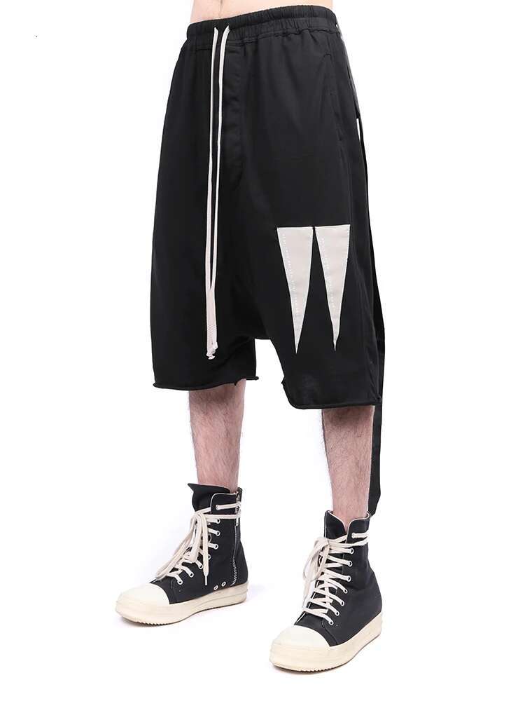 RICK Dark RO Cotton Short Men's Triangular Patch Silhouette Hanging Crotch Five Quarter Pants With Frayed Edge And Ribbon Shorts