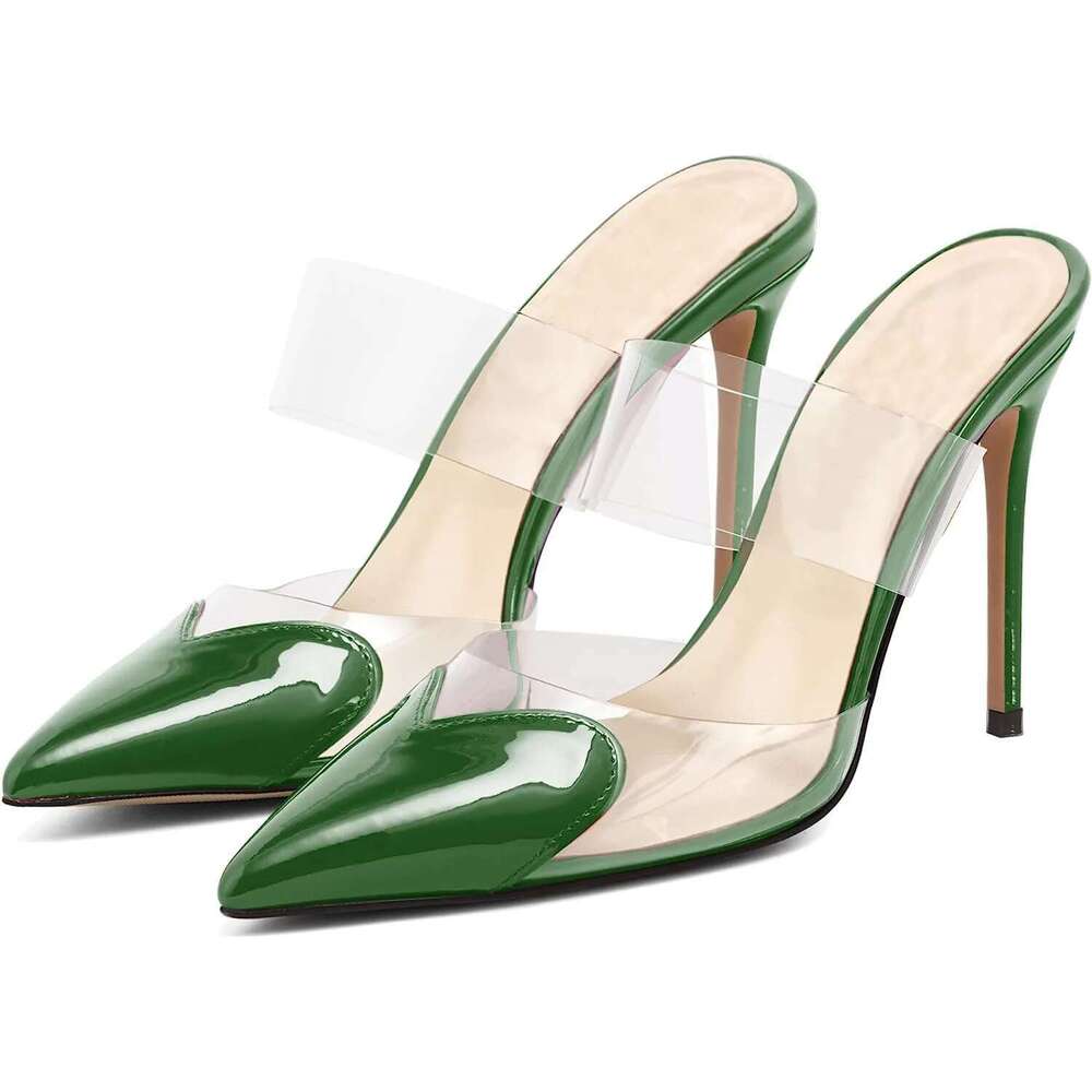 Summer new pointed heart-shaped patent leather transparent PVC fashion slippers sto-heeled banquet dress large size women sandal